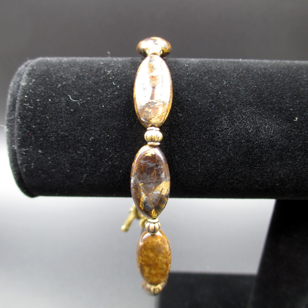 Vintage 8" Inch Bronze Tone Brown Stone Bracelet - Picture 4 of 5